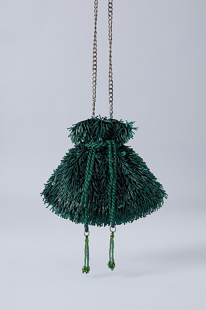 Emerald Green Velvet Embroidered Potli by Aanchal Sayal at Pernia's Pop Up Shop