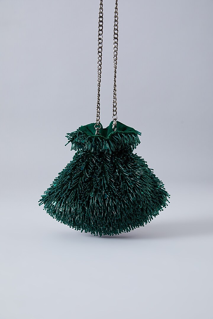 Emerald Green Velvet Embroidered Potli by Aanchal Sayal at Pernia's Pop Up Shop