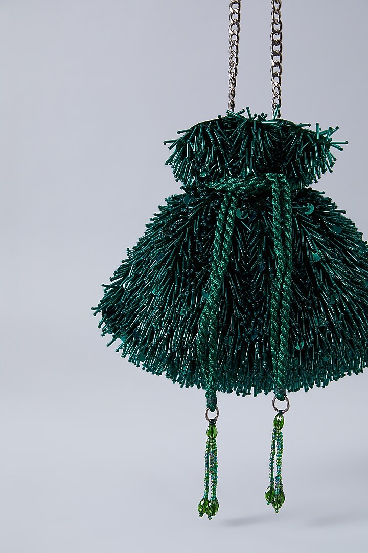 Emerald Green Velvet Embroidered Potli by Aanchal Sayal at Pernia's Pop Up Shop