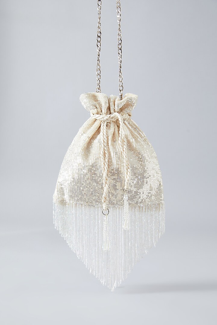 Ivory Velvet Sequins Hand Embroidered Potli by Aanchal Sayal at Pernia's Pop Up Shop