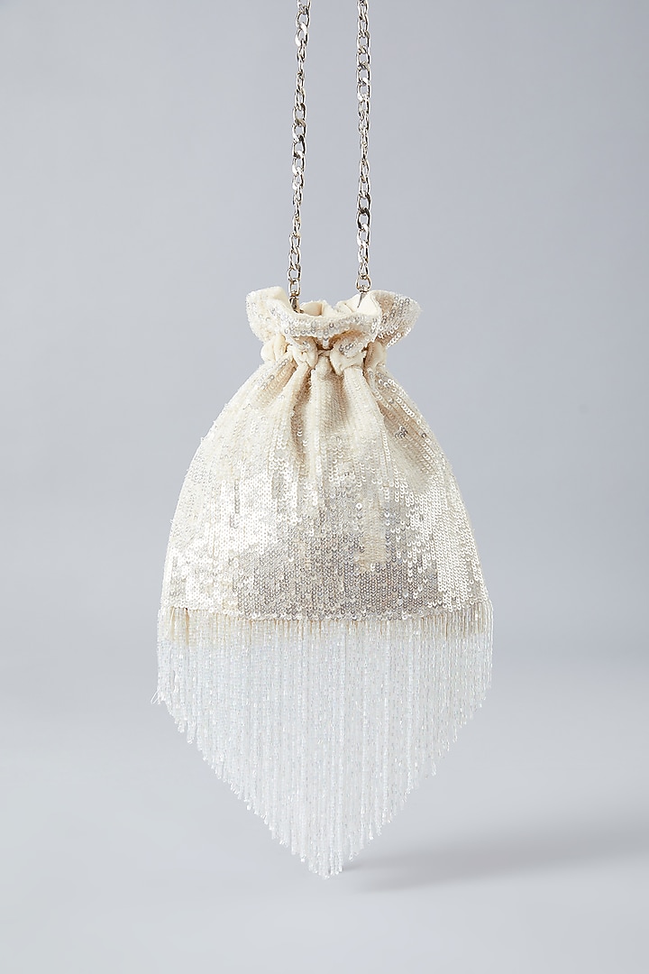 Ivory Velvet Sequins Hand Embroidered Potli by Aanchal Sayal at Pernia's Pop Up Shop
