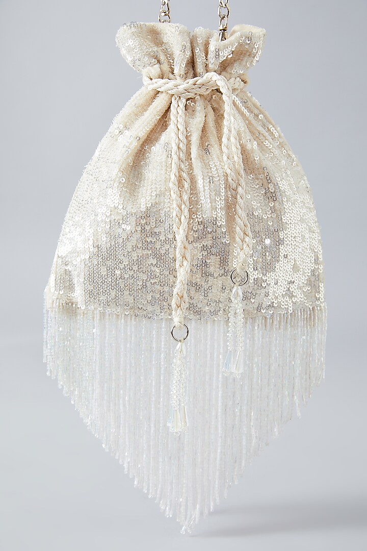Ivory Velvet Sequins Hand Embroidered Potli by Aanchal Sayal at Pernia's Pop Up Shop