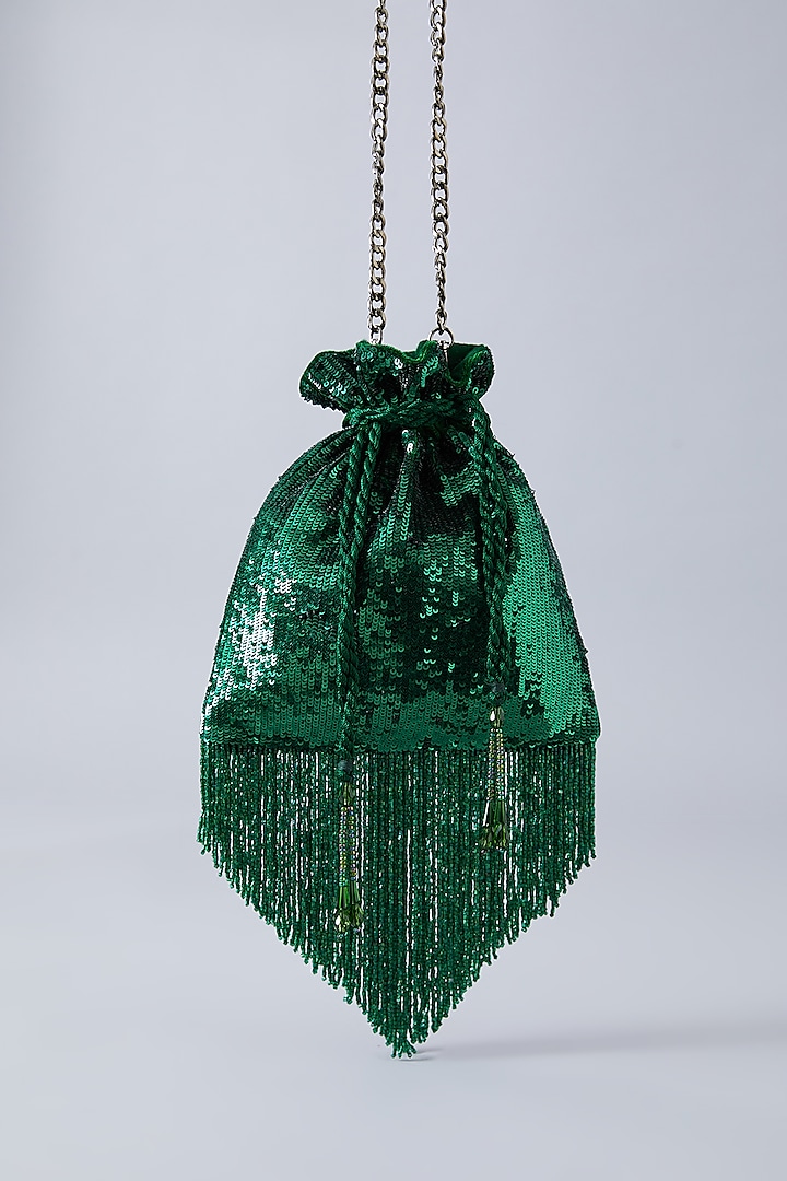 Green Velvet Sequins Embroidered Potli by Aanchal Sayal at Pernia's Pop Up Shop