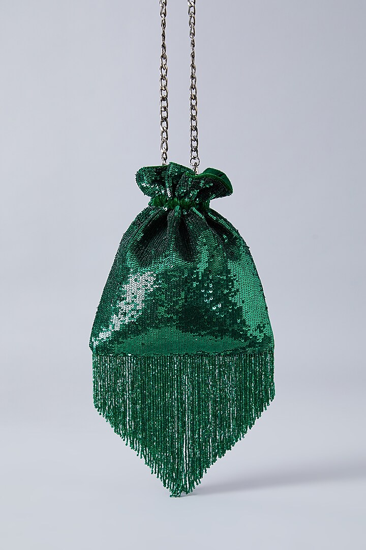 Green Velvet Sequins Embroidered Potli by Aanchal Sayal at Pernia's Pop Up Shop