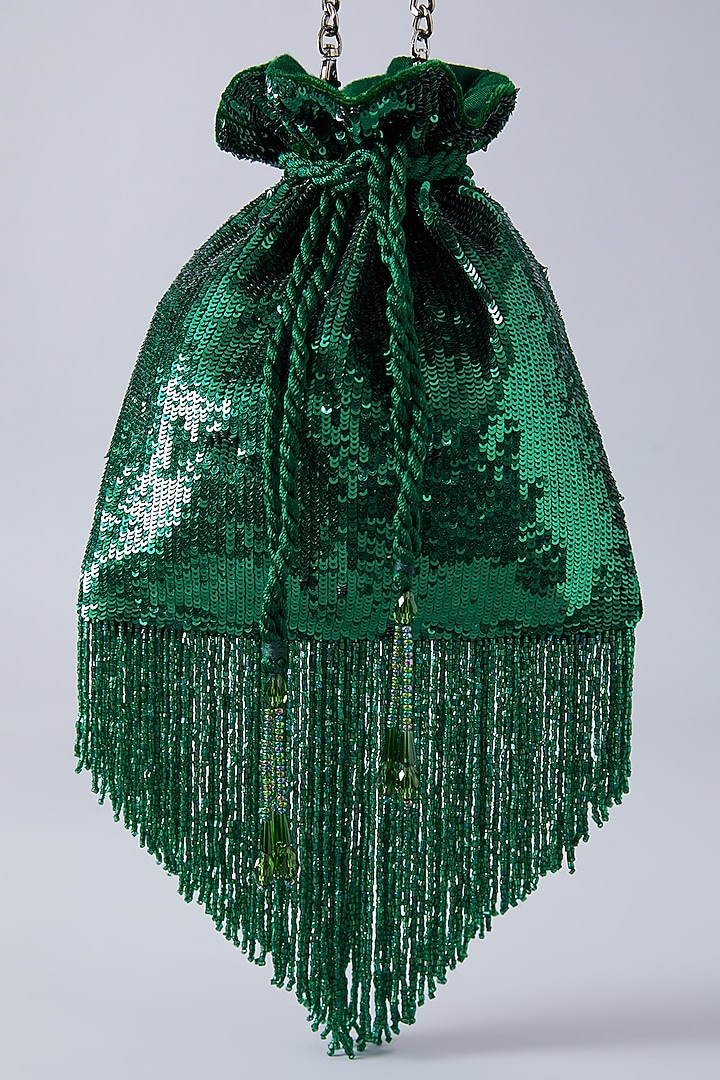 Green Velvet Sequins Embroidered Potli by Aanchal Sayal at Pernia's Pop Up Shop