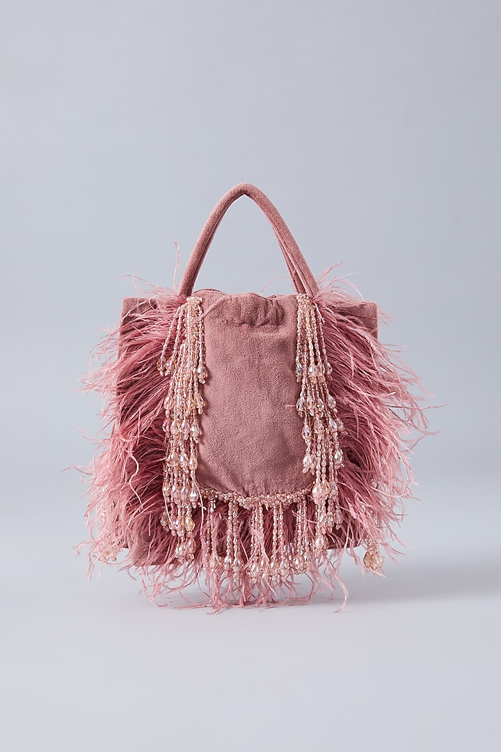 Blush Pink Suede Feather & Crystal Latkan Potli by Aanchal Sayal at Pernia's Pop Up Shop