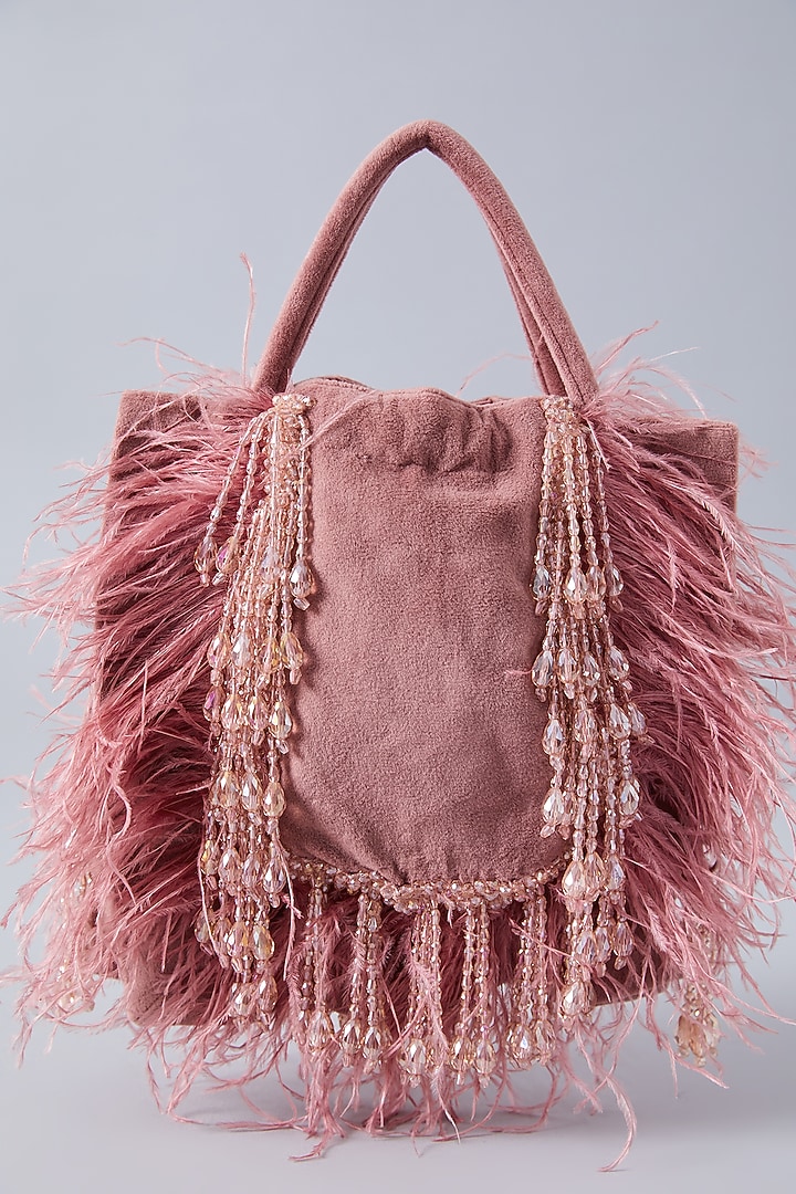 Blush Pink Suede Feather & Crystal Latkan Potli by Aanchal Sayal at Pernia's Pop Up Shop