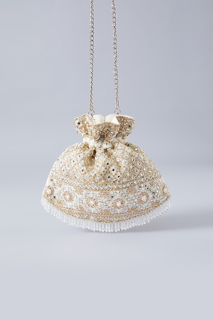 Ivory Velvet Gota Embroidered Potli by Aanchal Sayal at Pernia's Pop Up Shop