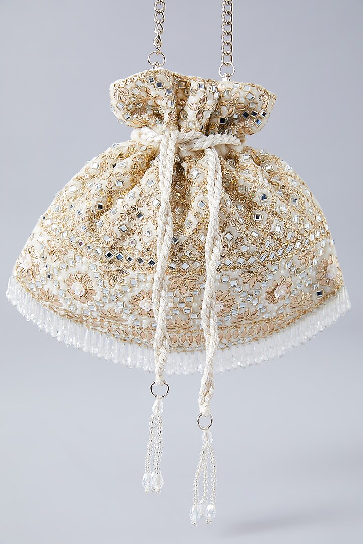 Ivory Velvet Gota Embroidered Potli by Aanchal Sayal at Pernia's Pop Up Shop