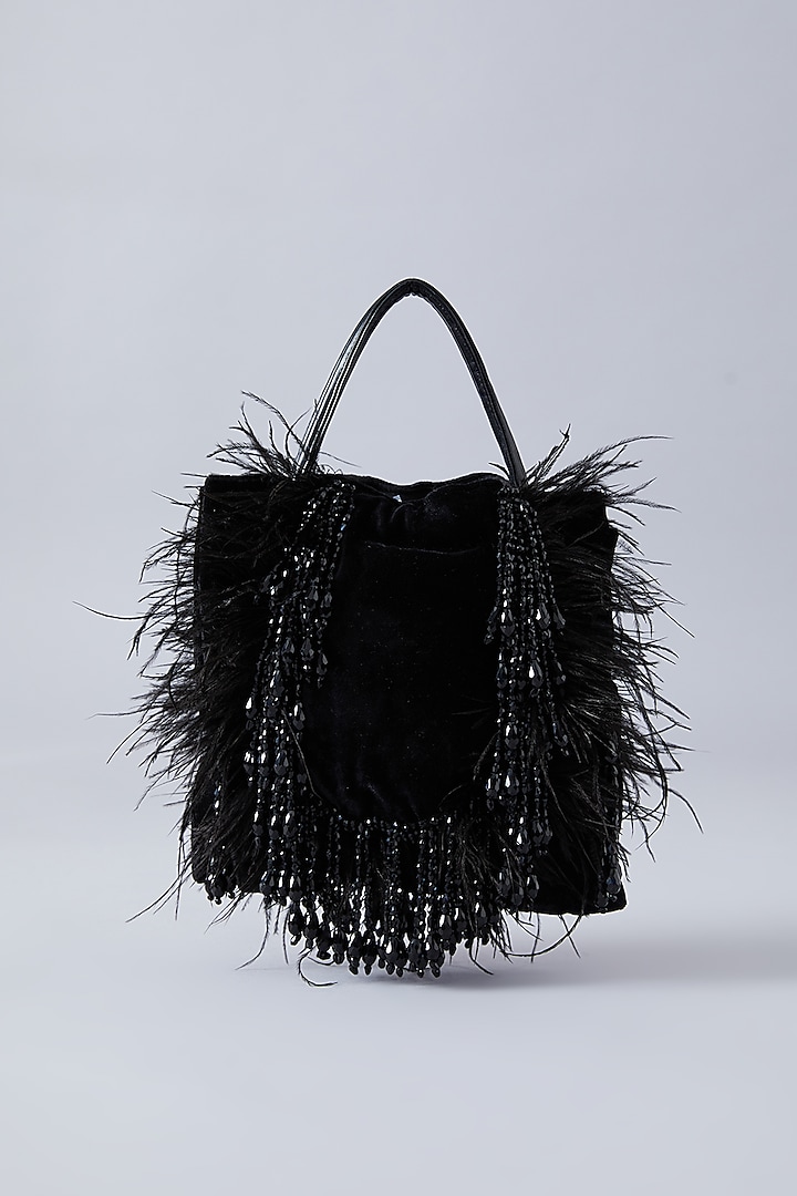 Black Velvet Feather & Crystal Handbag by Aanchal Sayal