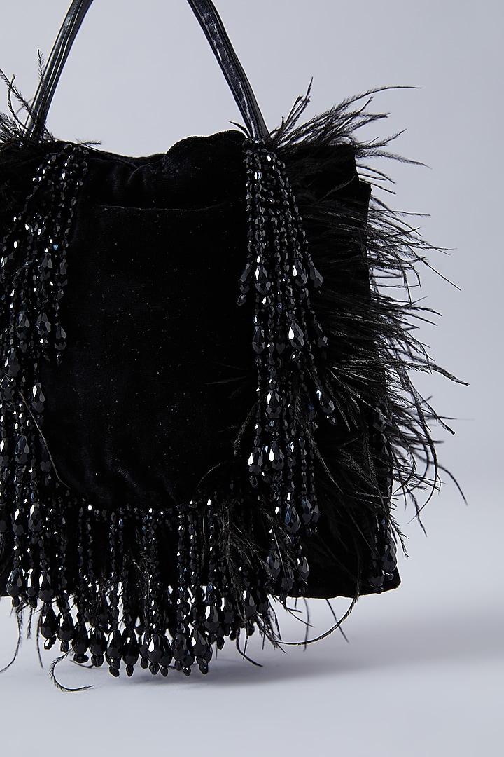 Black Velvet Feather & Crystal Handbag by Aanchal Sayal at Pernia's Pop Up Shop