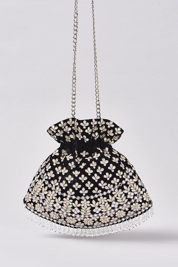 Black Velvet Gota & Zari Embroidered Potli by Aanchal Sayal at Pernia's Pop Up Shop