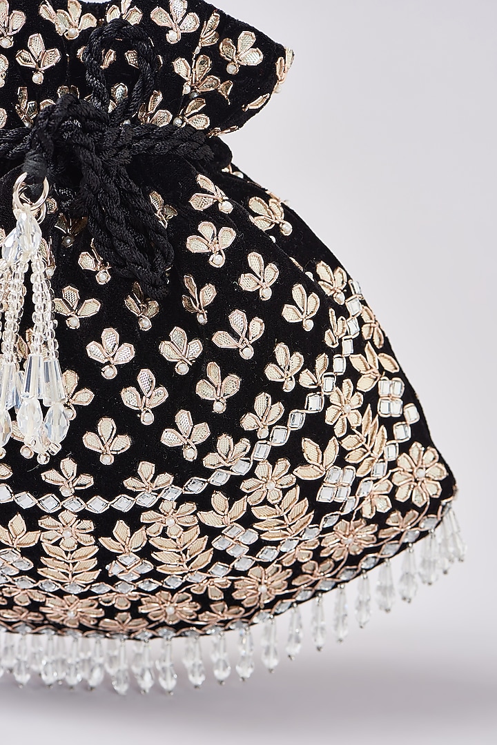 Black Velvet Gota & Zari Embroidered Potli by Aanchal Sayal at Pernia's Pop Up Shop