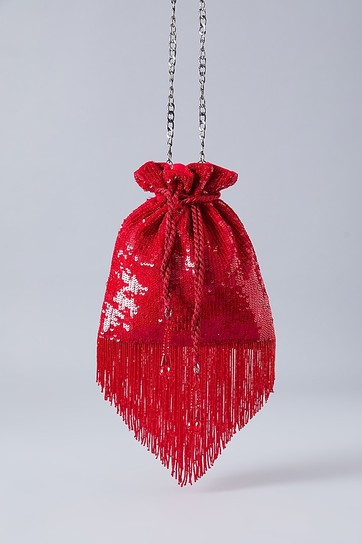 Red Velvet Feather & Crystal Latkan Potli by Aanchal Sayal at Pernia's Pop Up Shop