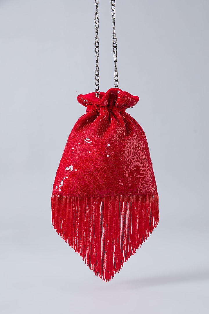 Red Velvet Feather & Crystal Latkan Potli by Aanchal Sayal at Pernia's Pop Up Shop