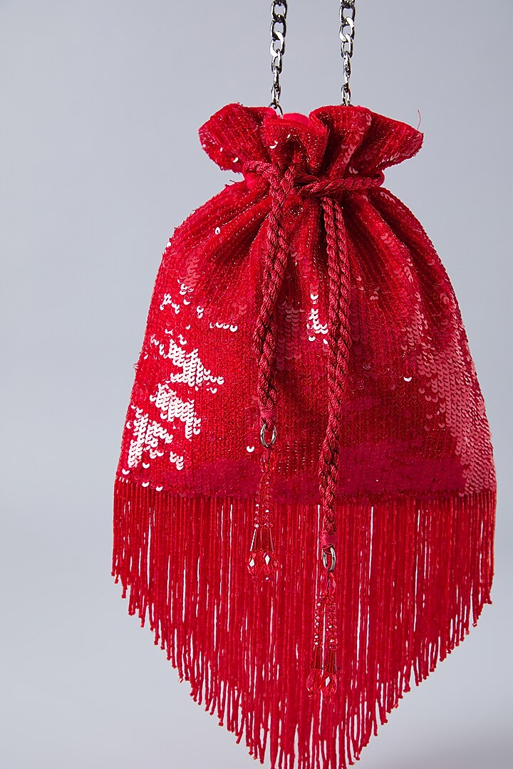 Red Velvet Feather & Crystal Latkan Potli by Aanchal Sayal at Pernia's Pop Up Shop