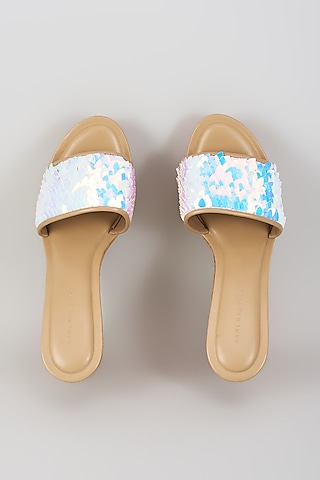 Nude Faux Leather Holographic Embroidered Heels by Aanchal Sayal