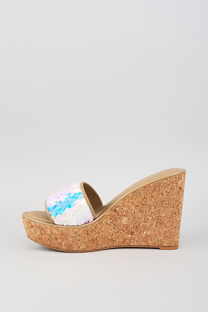 Nude Faux Leather Holographic Embroidered Heels by Aanchal Sayal at Pernia's Pop Up Shop