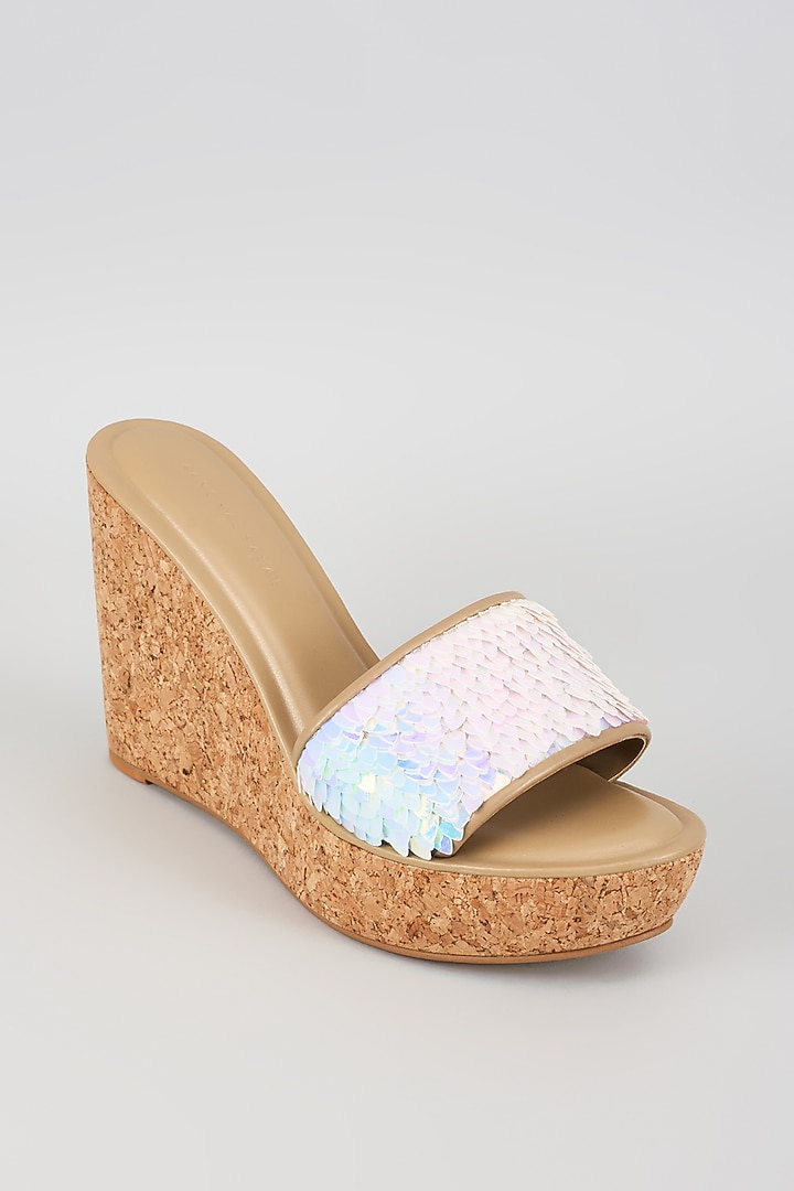 Nude Faux Leather Holographic Embroidered Heels by Aanchal Sayal at Pernia's Pop Up Shop