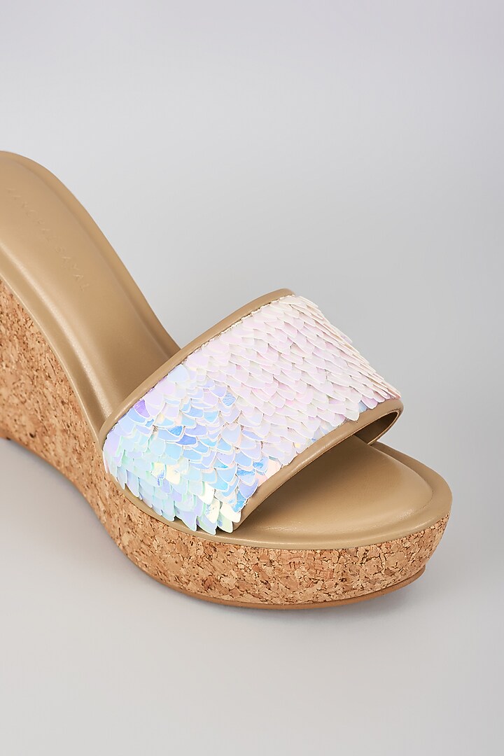 Nude Faux Leather Holographic Embroidered Heels by Aanchal Sayal at Pernia's Pop Up Shop