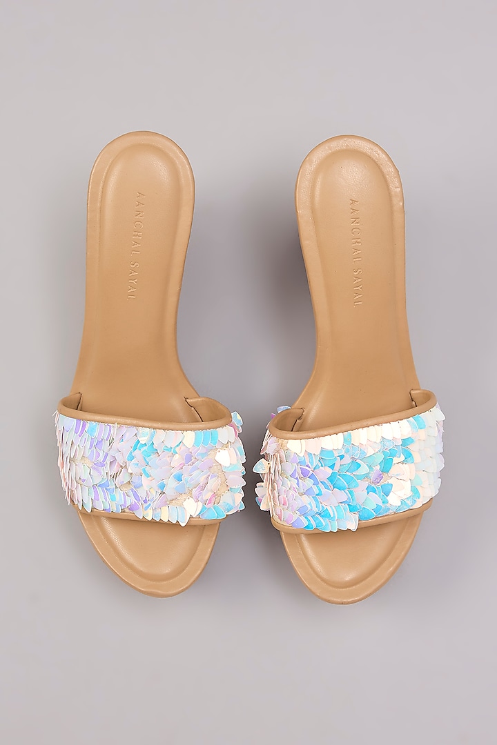 Nude Faux Leather Embroidered Handcrafted Heels by Aanchal Sayal at Pernia's Pop Up Shop