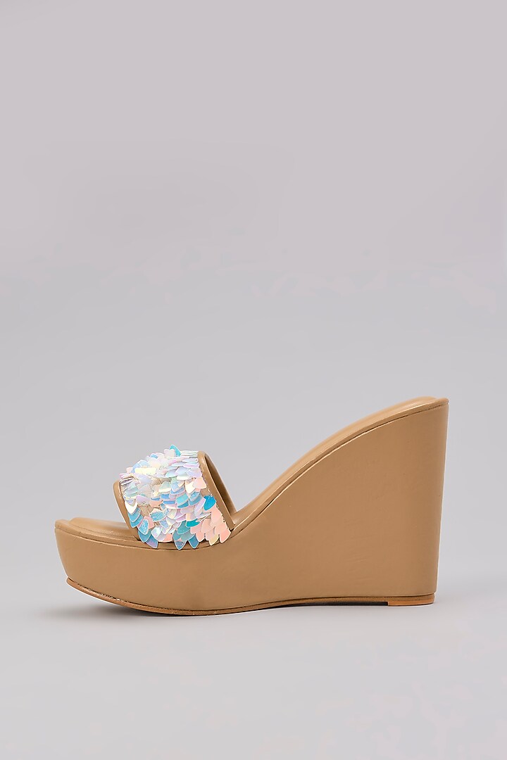 Nude Faux Leather Embroidered Handcrafted Heels by Aanchal Sayal at Pernia's Pop Up Shop