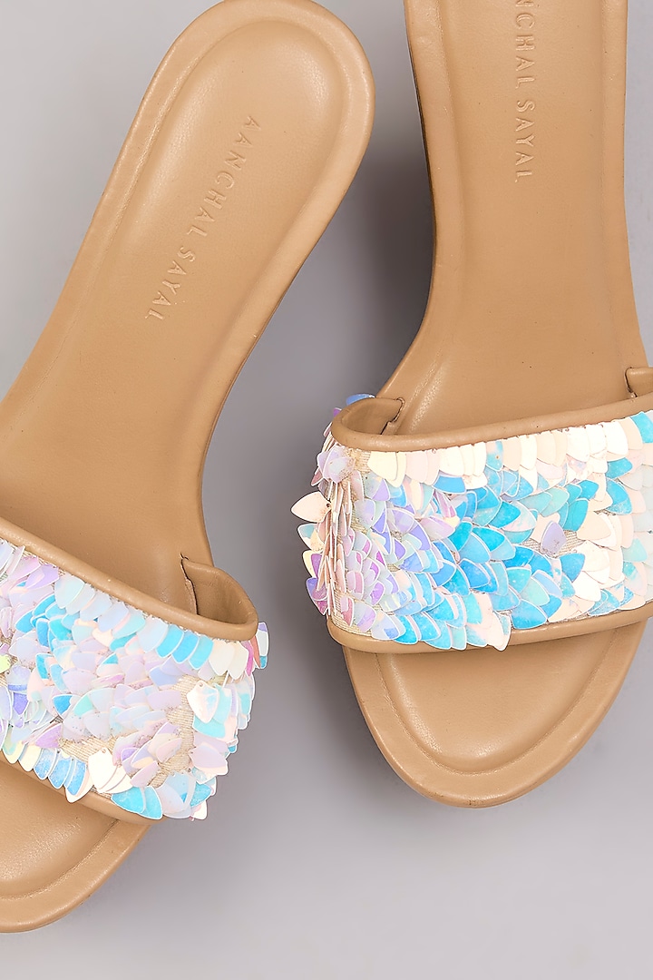 Nude Faux Leather Embroidered Handcrafted Heels by Aanchal Sayal at Pernia's Pop Up Shop