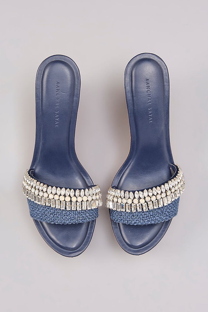 Navy Blue Suede & Jute Stone Work Handcrafted Heels by Aanchal Sayal at Pernia's Pop Up Shop