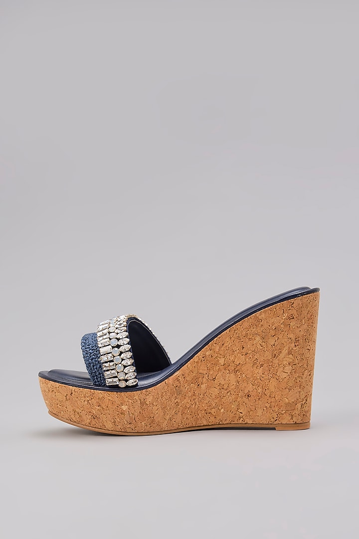 Navy Blue Suede & Jute Stone Work Handcrafted Heels by Aanchal Sayal at Pernia's Pop Up Shop