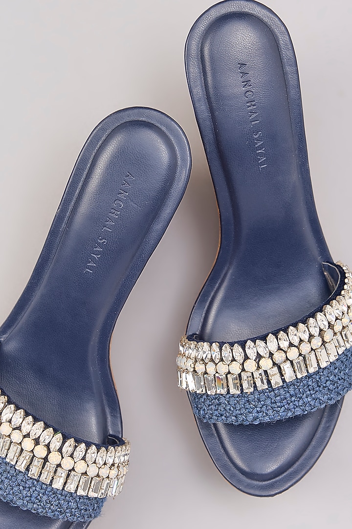 Navy Blue Suede & Jute Stone Work Handcrafted Heels by Aanchal Sayal at Pernia's Pop Up Shop