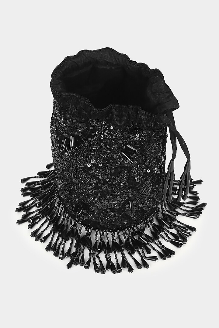 Black Sequins Embellished Bucket Bag by Aanchal Sayal at Pernia's Pop Up Shop