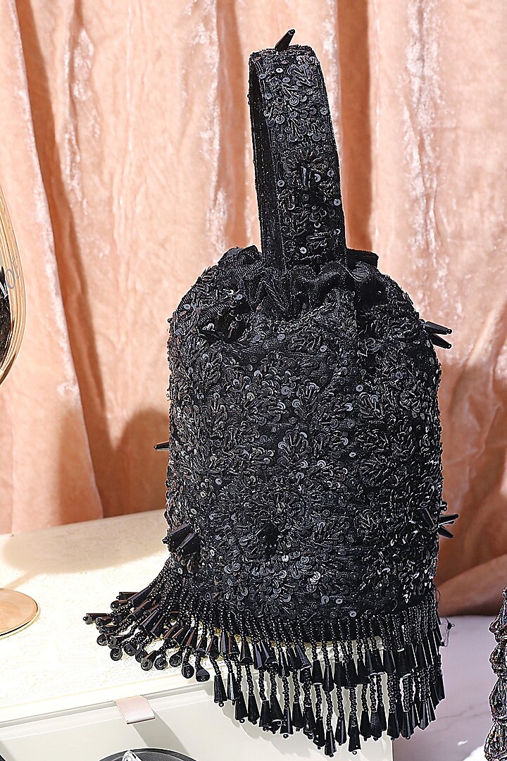 Black Sequins Embellished Bucket Bag by Aanchal Sayal at Pernia's Pop Up Shop