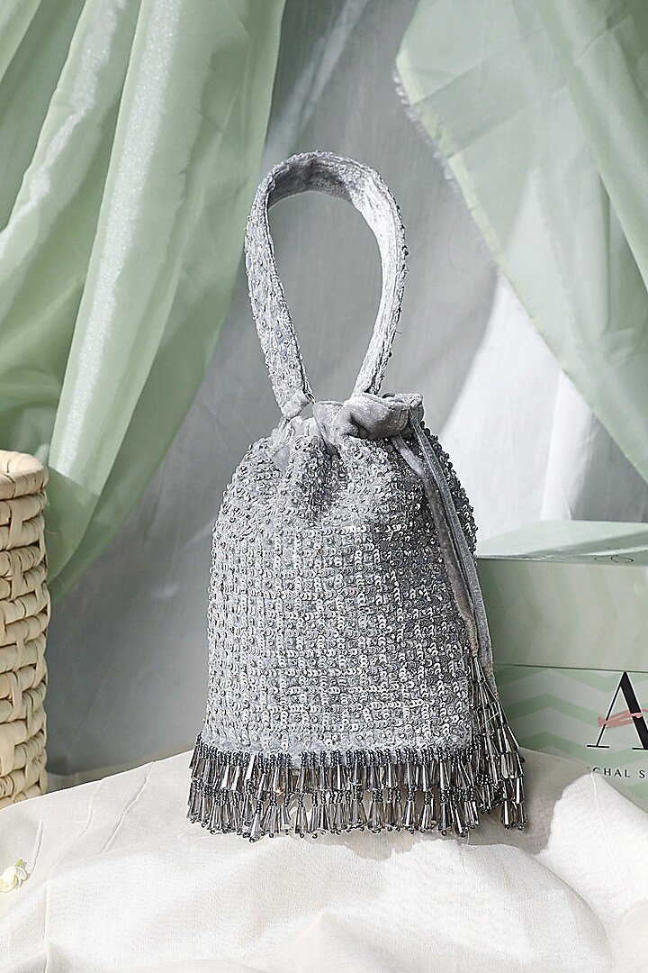 Silver Embellished Bucket Bag by Aanchal Sayal at Pernia's Pop Up Shop