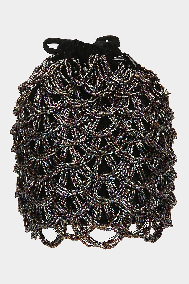Black Embellished Scalloped Bucket Bag by Aanchal Sayal at Pernia's Pop Up Shop