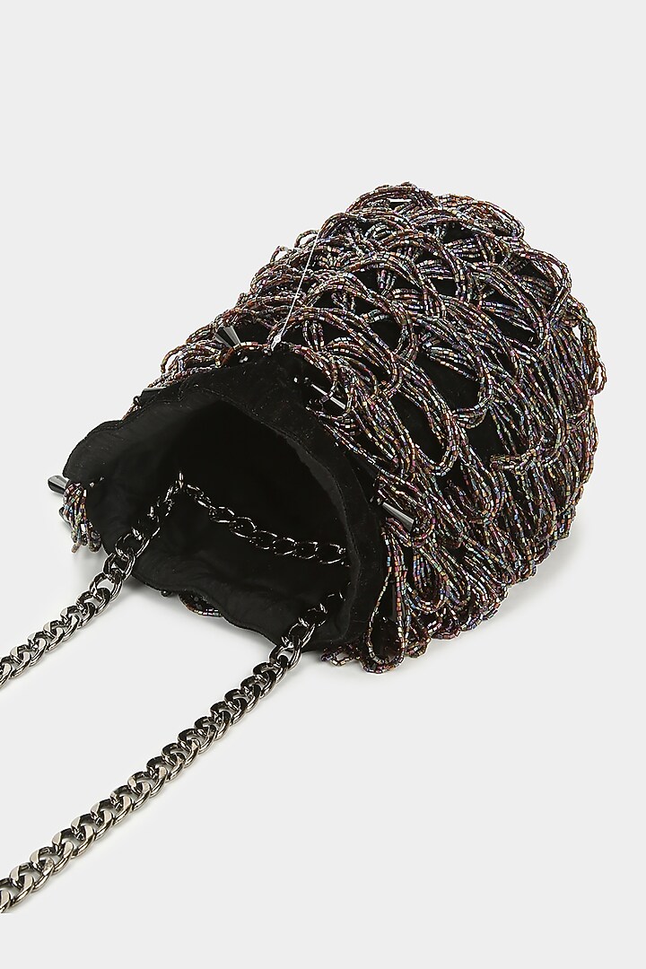 Black Embellished Scalloped Bucket Bag by Aanchal Sayal at Pernia's Pop Up Shop