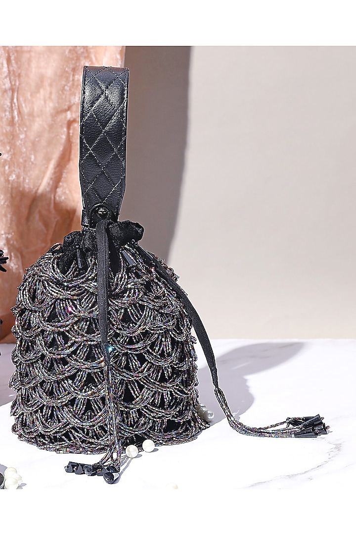 Black Embellished Scalloped Bucket Bag by Aanchal Sayal at Pernia's Pop Up Shop
