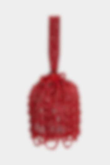 Red Embellished Scalloped Bucket Bag by Aanchal Sayal