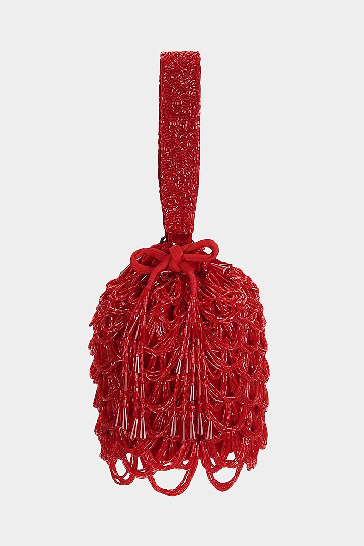Red Embellished Scalloped Bucket Bag by Aanchal Sayal