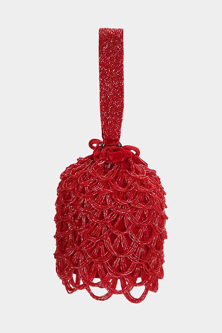 Red Embellished Scalloped Bucket Bag by Aanchal Sayal at Pernia's Pop Up Shop