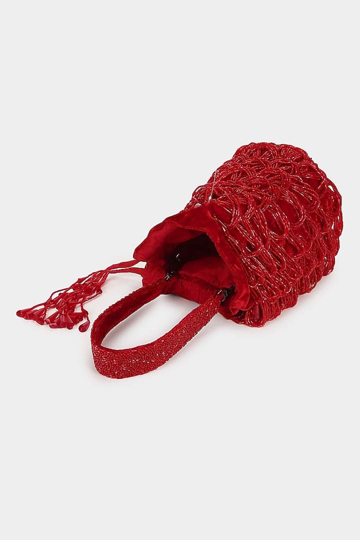 Red Embellished Scalloped Bucket Bag by Aanchal Sayal at Pernia's Pop Up Shop