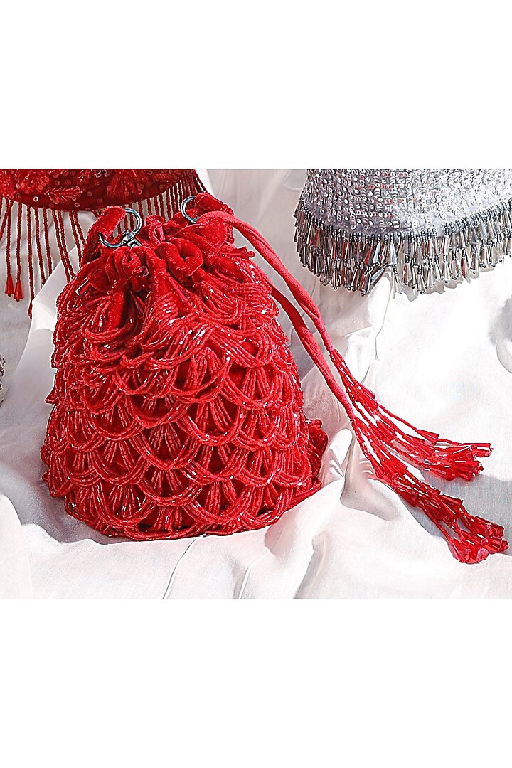 Red Embellished Scalloped Bucket Bag by Aanchal Sayal at Pernia's Pop Up Shop