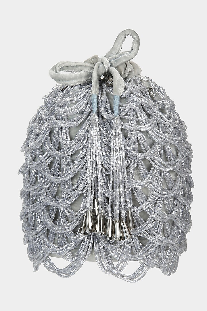 Grey Embellished Scalloped Bucket Bag by Aanchal Sayal at Pernia's Pop Up Shop