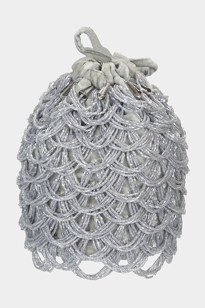 Grey Embellished Scalloped Bucket Bag by Aanchal Sayal at Pernia's Pop Up Shop