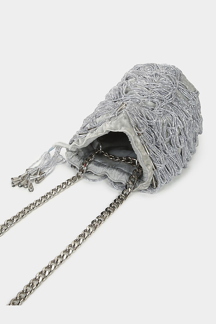 Grey Embellished Scalloped Bucket Bag by Aanchal Sayal at Pernia's Pop Up Shop