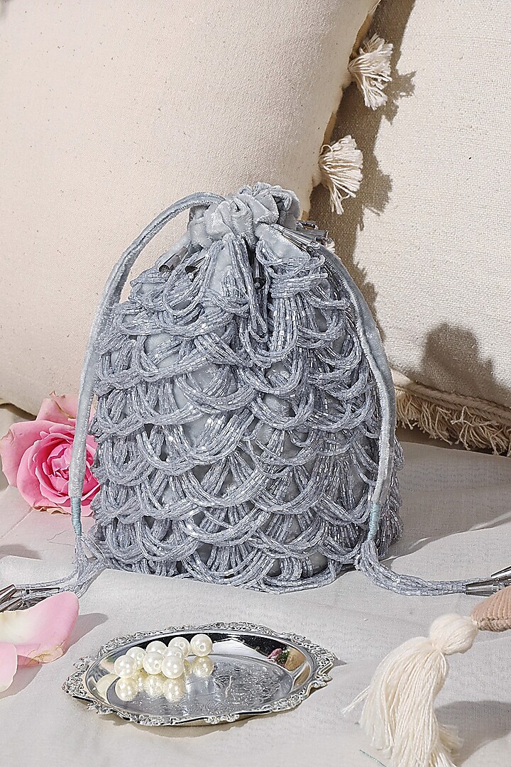 Grey Embellished Scalloped Bucket Bag by Aanchal Sayal at Pernia's Pop Up Shop