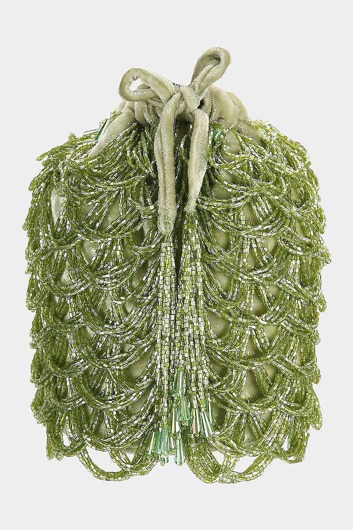 Green Embellished Scalloped Bucket Bag by Aanchal Sayal