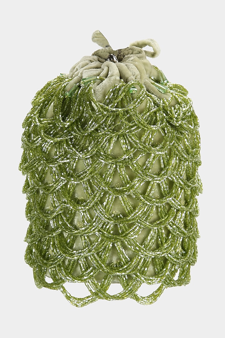 Green Embellished Scalloped Bucket Bag by Aanchal Sayal at Pernia's Pop Up Shop