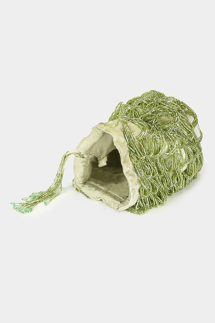 Green Embellished Scalloped Bucket Bag by Aanchal Sayal at Pernia's Pop Up Shop