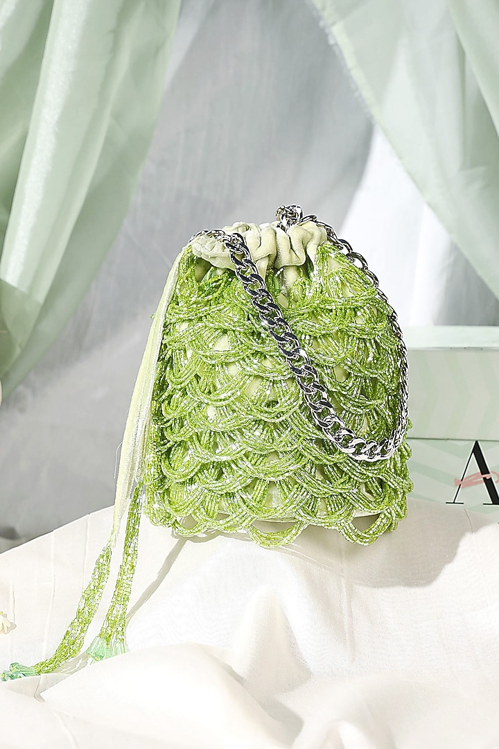 Green Embellished Scalloped Bucket Bag by Aanchal Sayal at Pernia's Pop Up Shop