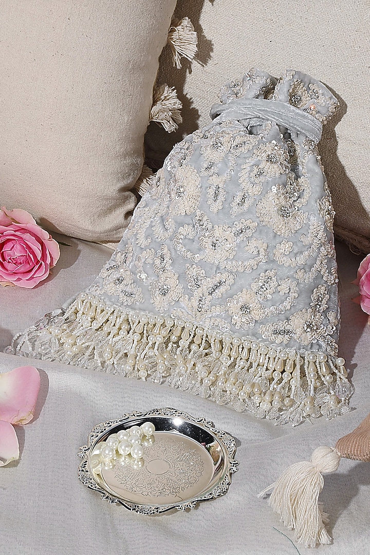 Ice Blue Embellished Potli by Aanchal Sayal at Pernia's Pop Up Shop